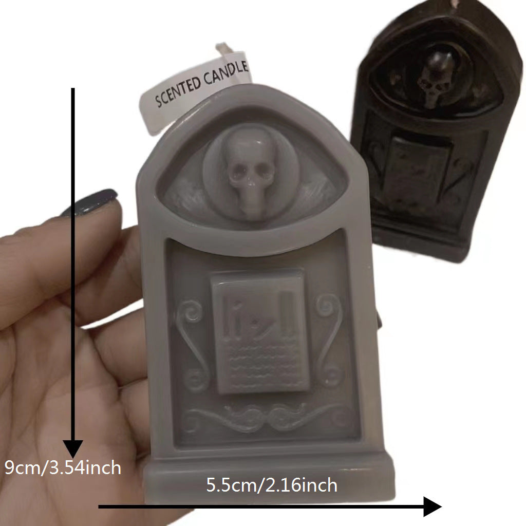 Bougie parfumée en forme de pierre tombale, crâne effrayant – Décoration d'Halloween, mèche simple, cire de soja, forme irrégulière, récipient anti-basculement