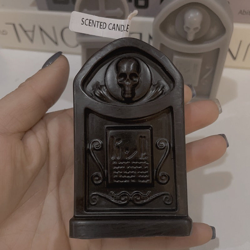 Bougie parfumée en forme de pierre tombale, crâne effrayant – Décoration d'Halloween, mèche simple, cire de soja, forme irrégulière, récipient anti-basculement