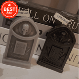 Bougie parfumée en forme de pierre tombale, crâne effrayant – Décoration d'Halloween, mèche simple, cire de soja, forme irrégulière, récipient anti-basculement