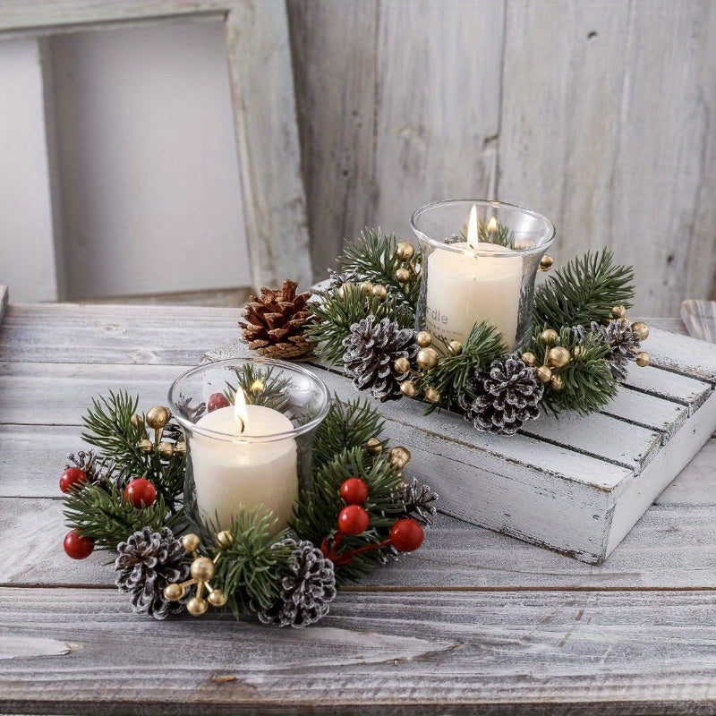 Candelabro perfumado navideño con guirnalda de piñas: decoración festiva de mesa para el hogar, perfecta para celebraciones navideñas.