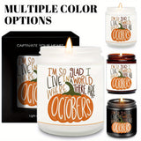 Hello October Scented Candle Fall AutumnThemed Pumpkin Orange Terracotta Burnt Rustic Farmhouse Harvest Thanksgiving Day Decoration Gift for Women Woman Hostess Friends Her Mom Wife Grandma Cute Items Home Decoration E