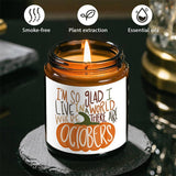 Hello October Scented Candle Fall AutumnThemed Pumpkin Orange Terracotta Burnt Rustic Farmhouse Harvest Thanksgiving Day Decoration Gift for Women Woman Hostess Friends Her Mom Wife Grandma Cute Items Home Decoration E