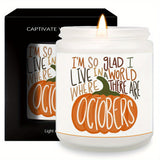 Hello October Scented Candle Fall AutumnThemed Pumpkin Orange Terracotta Burnt Rustic Farmhouse Harvest Thanksgiving Day Decoration Gift for Women Woman Hostess Friends Her Mom Wife Grandma Cute Items Home Decoration E