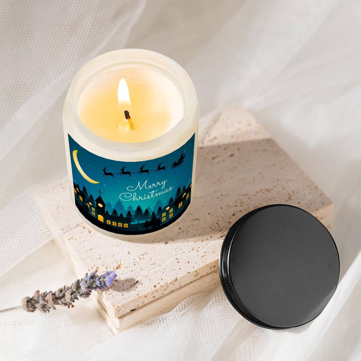 1pc Glass Scented Candle, Lavender Fragrance, Merry Christmas Theme, Essential Oils, Smoke-Free, Ideal for Holiday Centerpieces & Home Decoration, Gift for Family & Friends