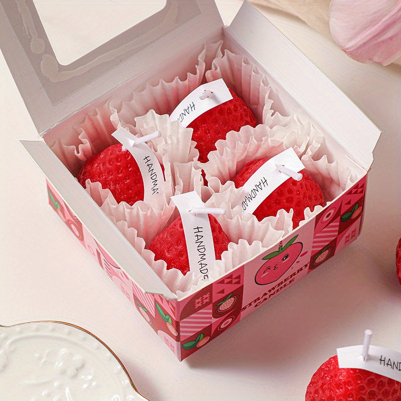 4pcs Handcrafted Strawberry Scented Candle Set - Soy Wax, Single Wick - Cozy Fruit Aroma for Home Decor & Birthday Gifts - Charming Pink Heart-Shaped Gift Box, Strawberry Themed Items