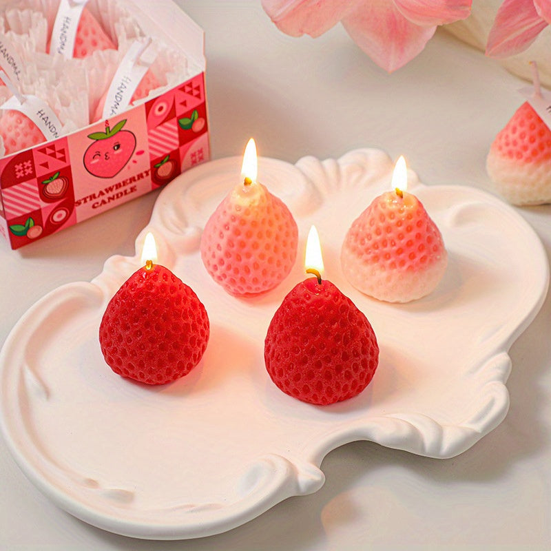 4pcs Handcrafted Strawberry Scented Candle Set - Soy Wax, Single Wick - Cozy Fruit Aroma for Home Decor & Birthday Gifts - Charming Pink Heart-Shaped Gift Box, Strawberry Themed Items