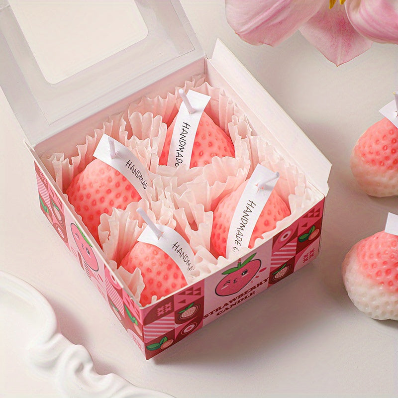 4pcs Handcrafted Strawberry Scented Candle Set - Soy Wax, Single Wick - Cozy Fruit Aroma for Home Decor & Birthday Gifts - Charming Pink Heart-Shaped Gift Box, Strawberry Themed Items
