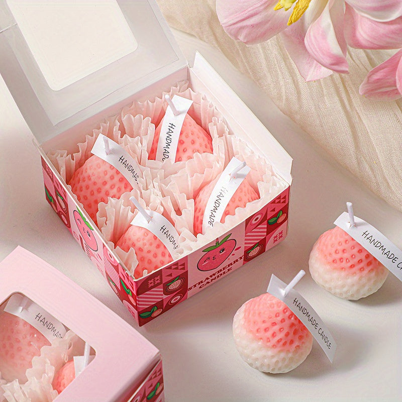 4pcs Handcrafted Strawberry Scented Candle Set - Soy Wax, Single Wick - Cozy Fruit Aroma for Home Decor & Birthday Gifts - Charming Pink Heart-Shaped Gift Box, Strawberry Themed Items