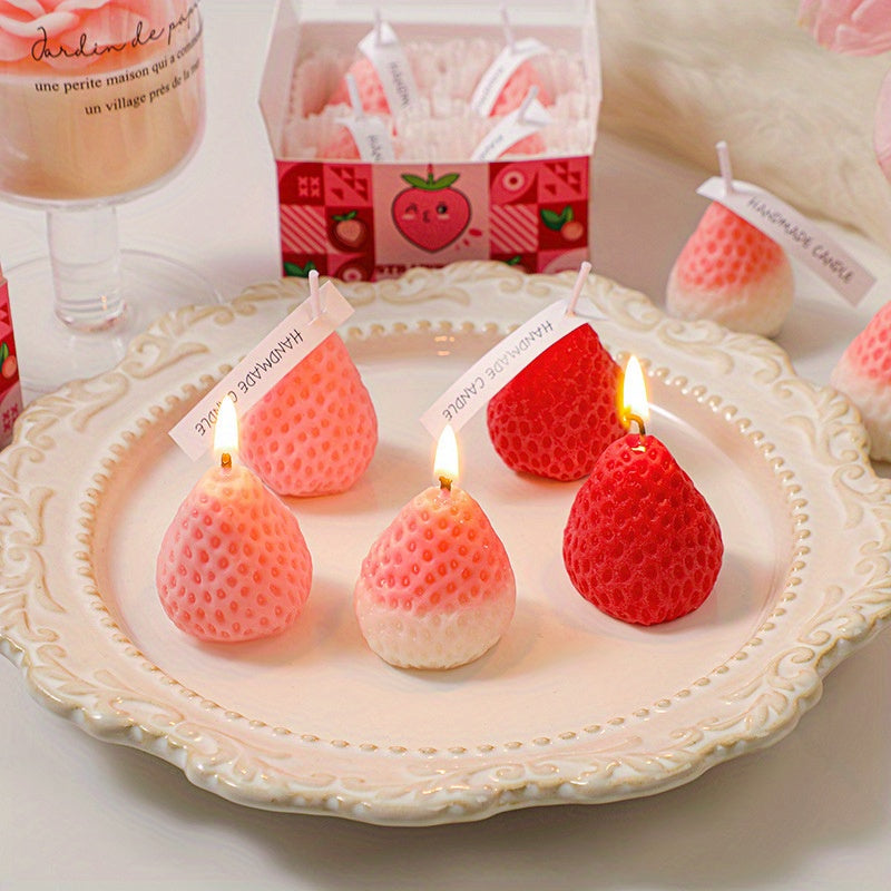 4pcs Handcrafted Strawberry Scented Candle Set - Soy Wax, Single Wick - Cozy Fruit Aroma for Home Decor & Birthday Gifts - Charming Pink Heart-Shaped Gift Box, Strawberry Themed Items