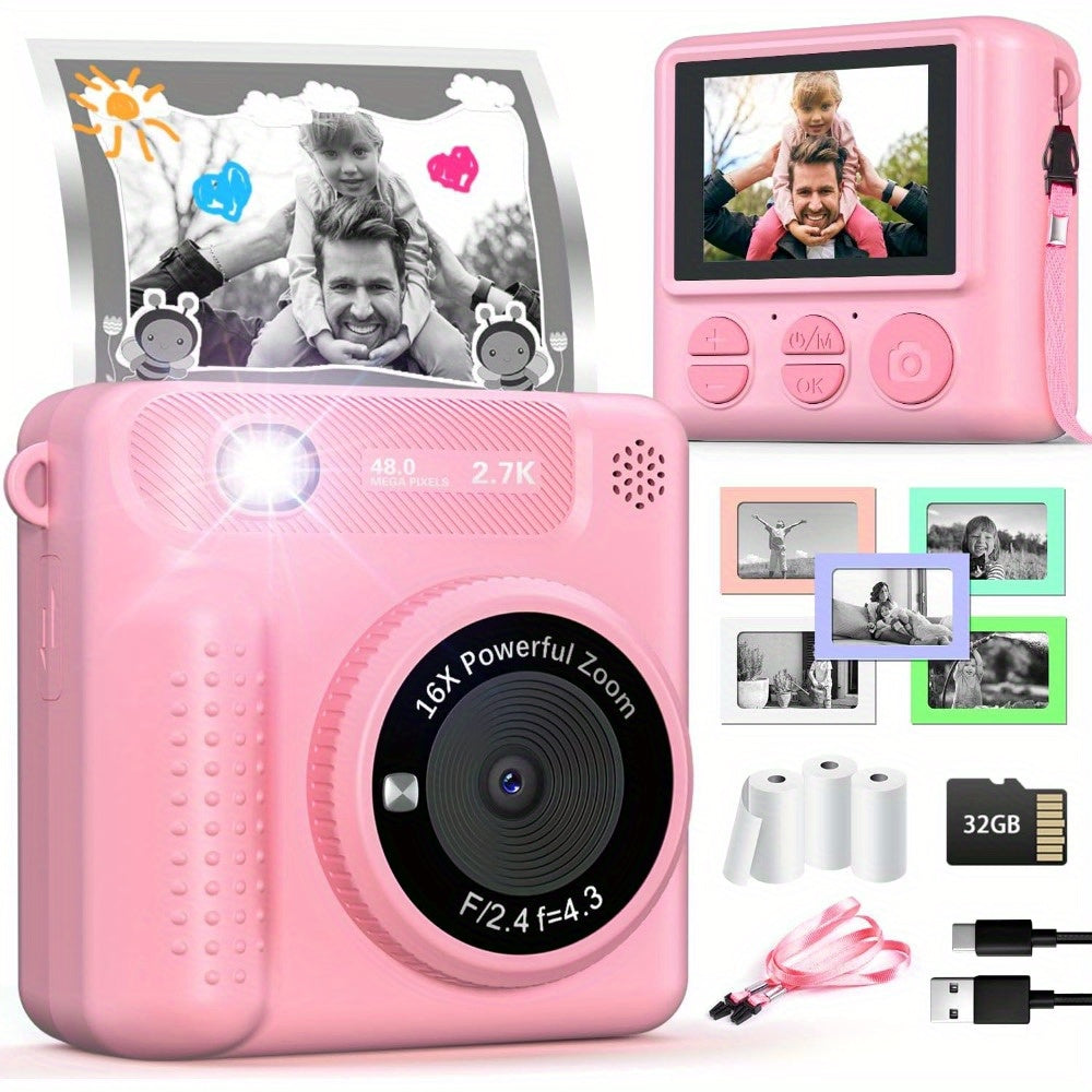 Kids Camera Instant Print, 12MP 1080P Digital Camera for Kids Age 3-12, Christmas Birthday Gifts for 4 5 6 7 8 9 10 Year Old Girls Boys, 32GB Toddler HD Video Camera Print Photos Portable Toy