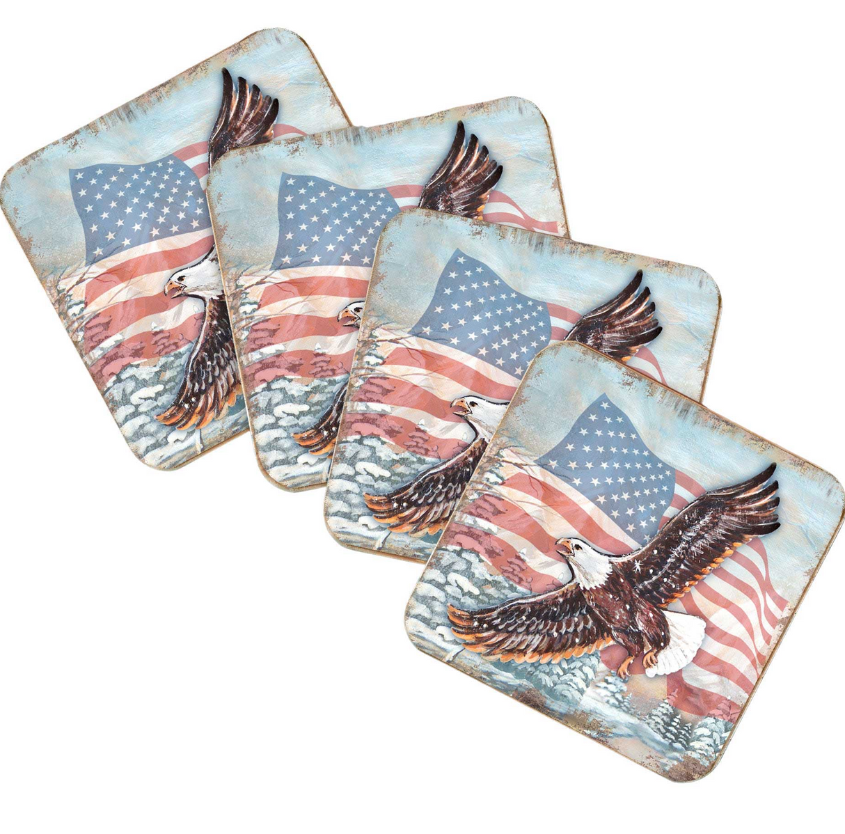 Juego de 4 posavasos de corcho de madera con diseño de águila americana de Nature Wonders - Decoración patriótica americana - 95221C-S4