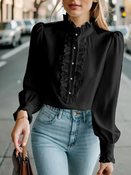 Fashionable Stand-up Collar Long-sleeved Shirt With Lotus Leaf Hem - Lootquake