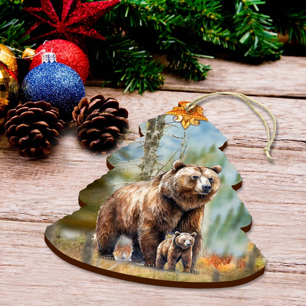 Adornos de madera para el árbol de Navidad de la familia Grizzly, de G.Debrekht - Decoración navideña con temática de vida silvestre - 870009