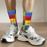 1 Pair of Vibrant Geometric-Patterned Mens Crew Socks - Breathable, Comfy, Casual, Unisex for Outdoor Wearing All Seasons - Soft Polyester Knit Fabric, Novelty Design for Fashion-Forward Guys