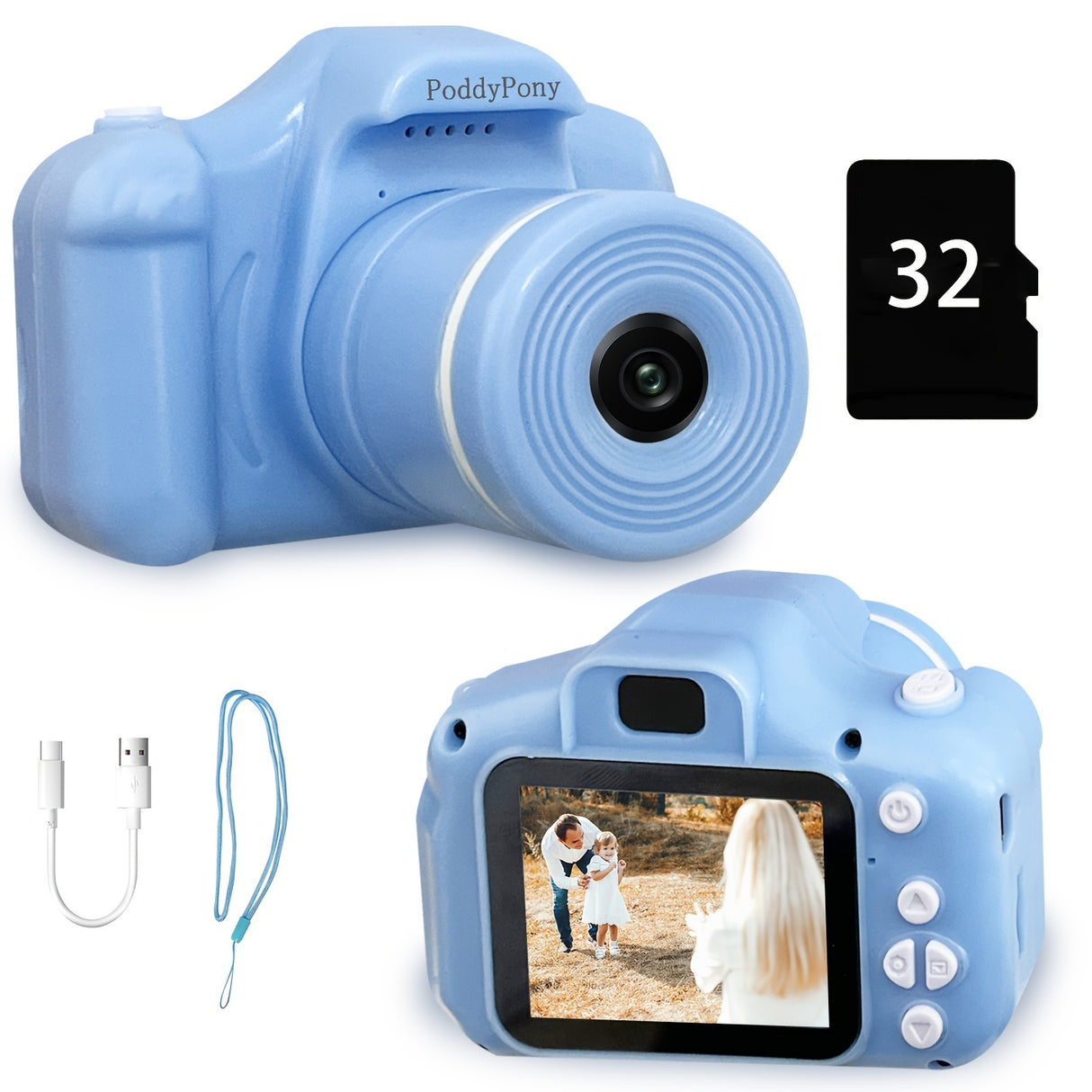 Appareil photo numérique pour enfants 32 Go - Portable, objectif long, vidéo HD, design adapté aux tout-petits - Cadeau idéal pour un anniversaire, un festival ou Noël pour les jeunes photographes