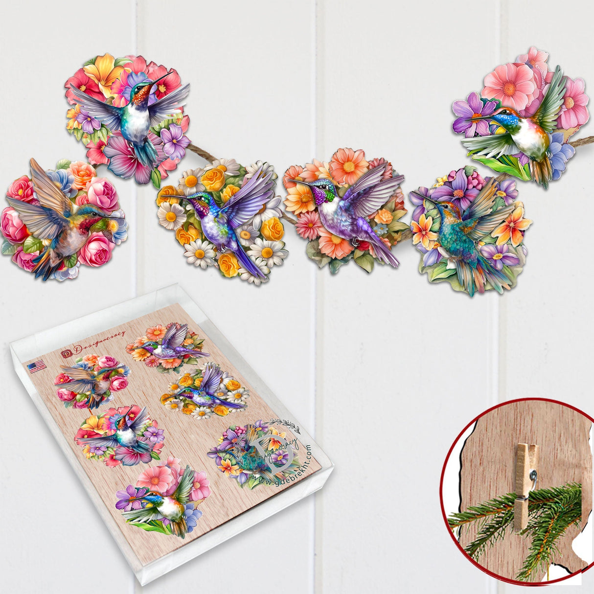 Juego de 6 adornos decorativos de madera con forma de colibríes, de G. Debrekht - Decoración de Pascua y primavera - 8090140C-S6