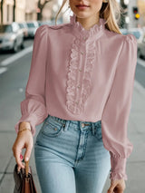 Fashionable Stand-up Collar Long-sleeved Shirt With Lotus Leaf Hem - Lootquake