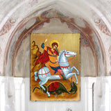 Icono sagrado ortodoxo religioso de madera de San Jorge, bañado en oro - Decoración inspiradora - 85013