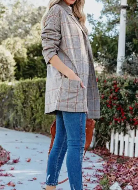 Ladies' Plaid Printed Open Collar Casual Suit Jacket - Lootquake