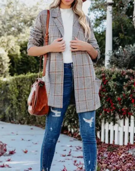 Ladies' Plaid Printed Open Collar Casual Suit Jacket - Lootquake