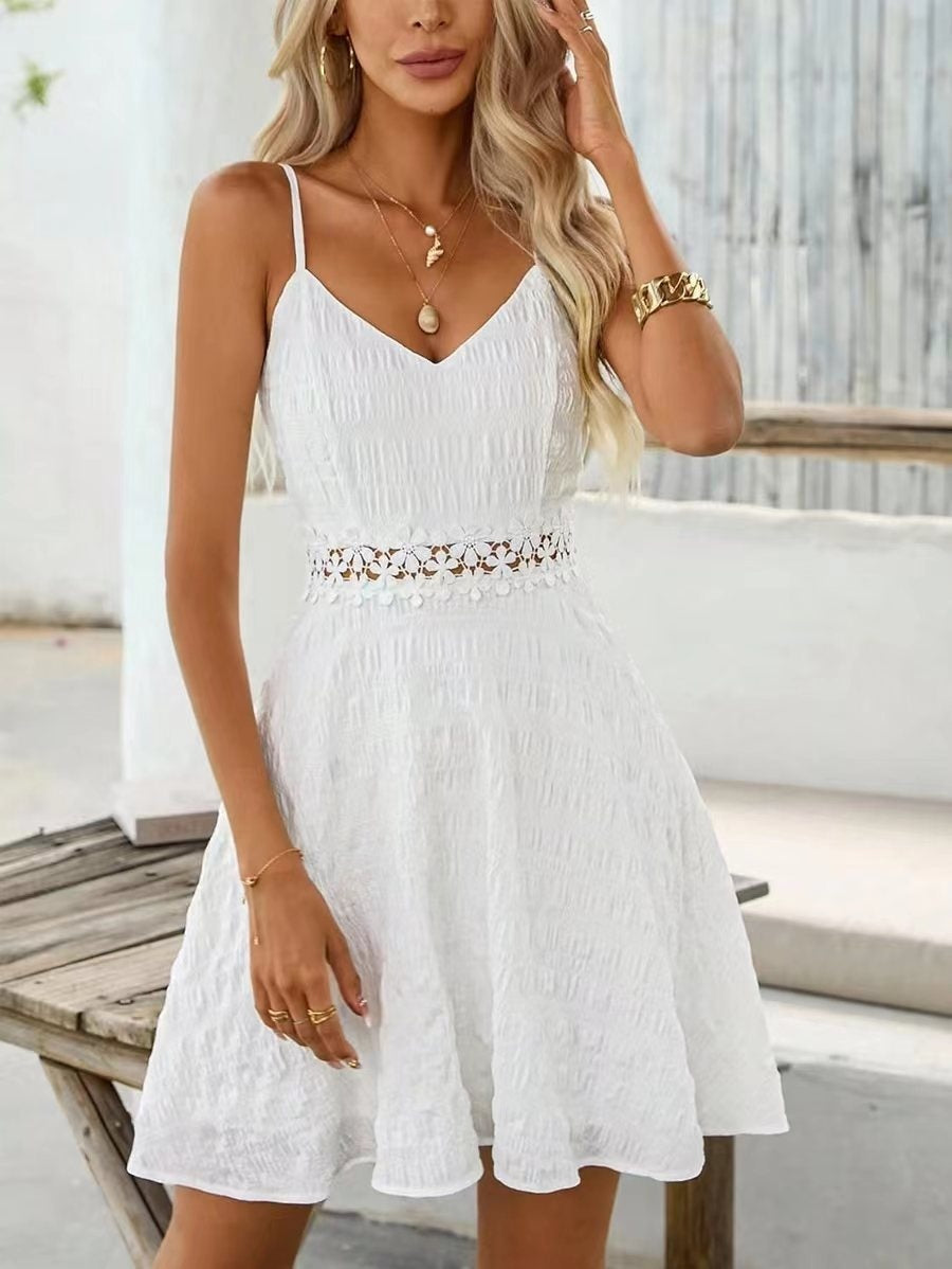 Cross Border Hot Sale Sling Stitching Lace Dress V-neck Casual