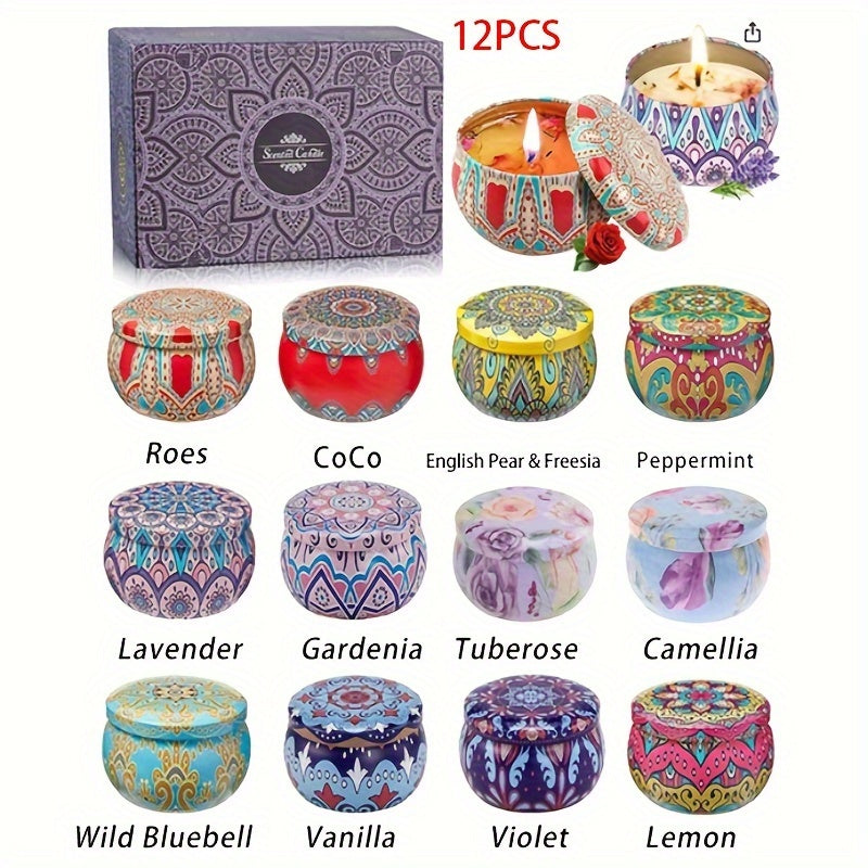 Set Of 12 Scented Candle Boxes (aroma: Rose, Co Co, Freesia, Peppermint, Lavender, Gardenia, Tuberose, Camellia, Wild Bluebell, Vanilla, Violet, Lemon) with Random Jar Colors, Candles for Relax, Relaxation, Bathing, Yoga, And