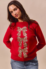 SO ME Sequins Bow Ribbon Embellished Christmas Sweater