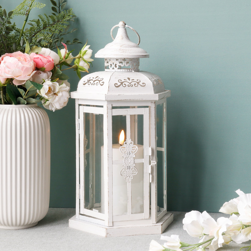 12" H Medium Candle Lantern for Indoor Outdoor(White with Gold Brush)-0