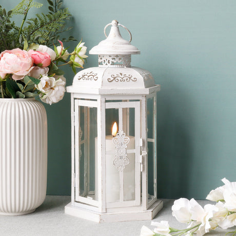 12" H Medium Candle Lantern for Indoor Outdoor(White with Gold Brush)-0