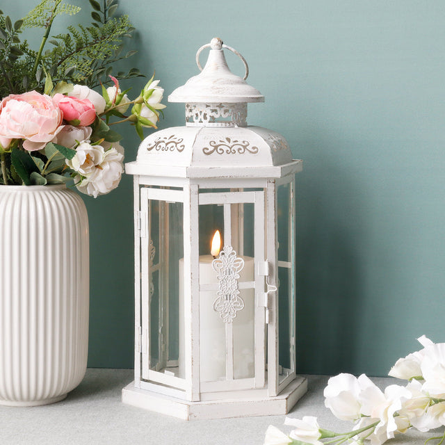 12" H Medium Candle Lantern for Indoor Outdoor(White with Gold Brush)-0