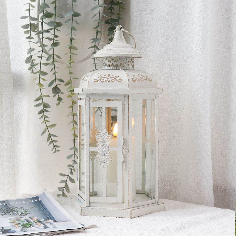 12" H Medium Candle Lantern for Indoor Outdoor(White with Gold Brush)-1