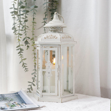 12" H Medium Candle Lantern for Indoor Outdoor(White with Gold Brush)-1