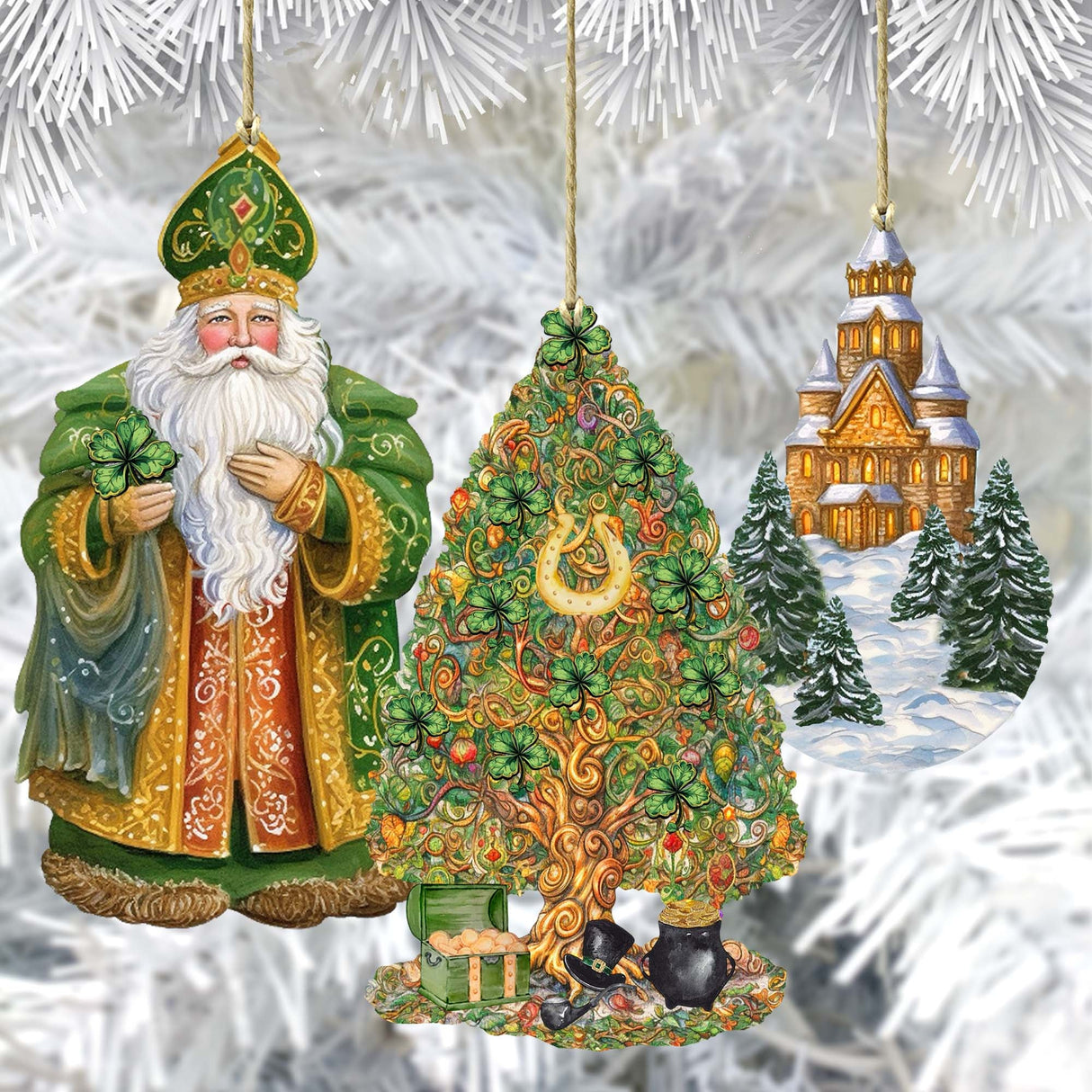 Papá Noel de todo el mundo - Papá Noel de inspiración irlandesa - Juego de 3 adornos de madera de G. DeBrekht - Decoración navideña de Papá Noel y muñeco de nieve - 8091306S3