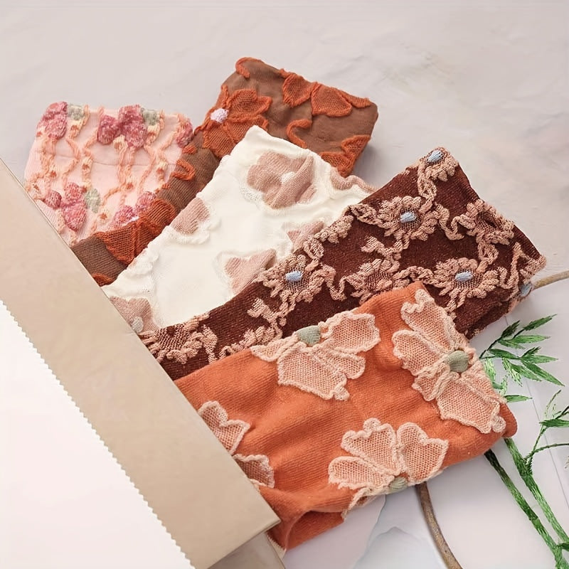 5 pares de calcetines con estampado floral, cómodos y transpirables, de tubo medio, para mujer.