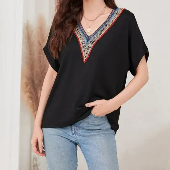 Women's Loose Fit Short Sleeved Breathable Casual Lace V-neck Shirt Top - Lootquake