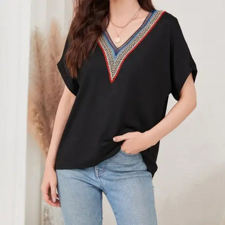 Women's Loose Fit Short Sleeved Breathable Casual Lace V-neck Shirt Top - Lootquake