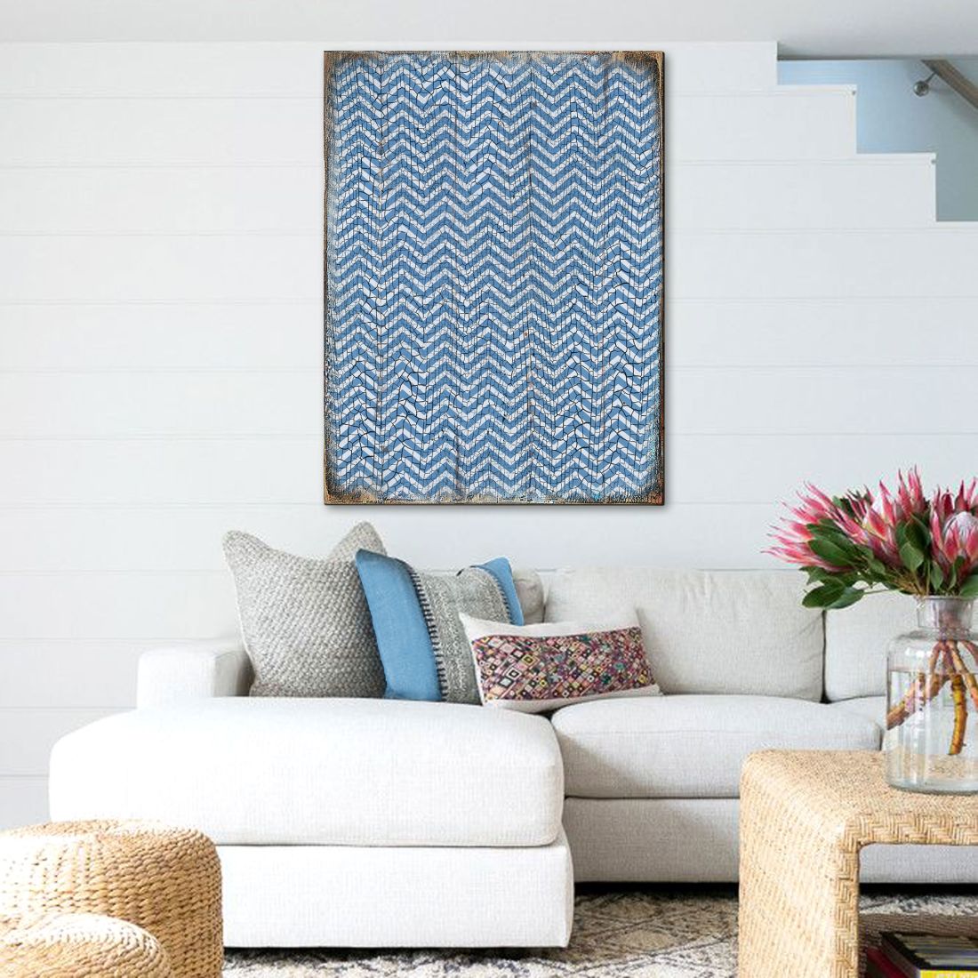 Blue Chevron Stripes Rustic Wooden Wall Art by G. DeBrekht - Floral Ornamental Decor - 95009B