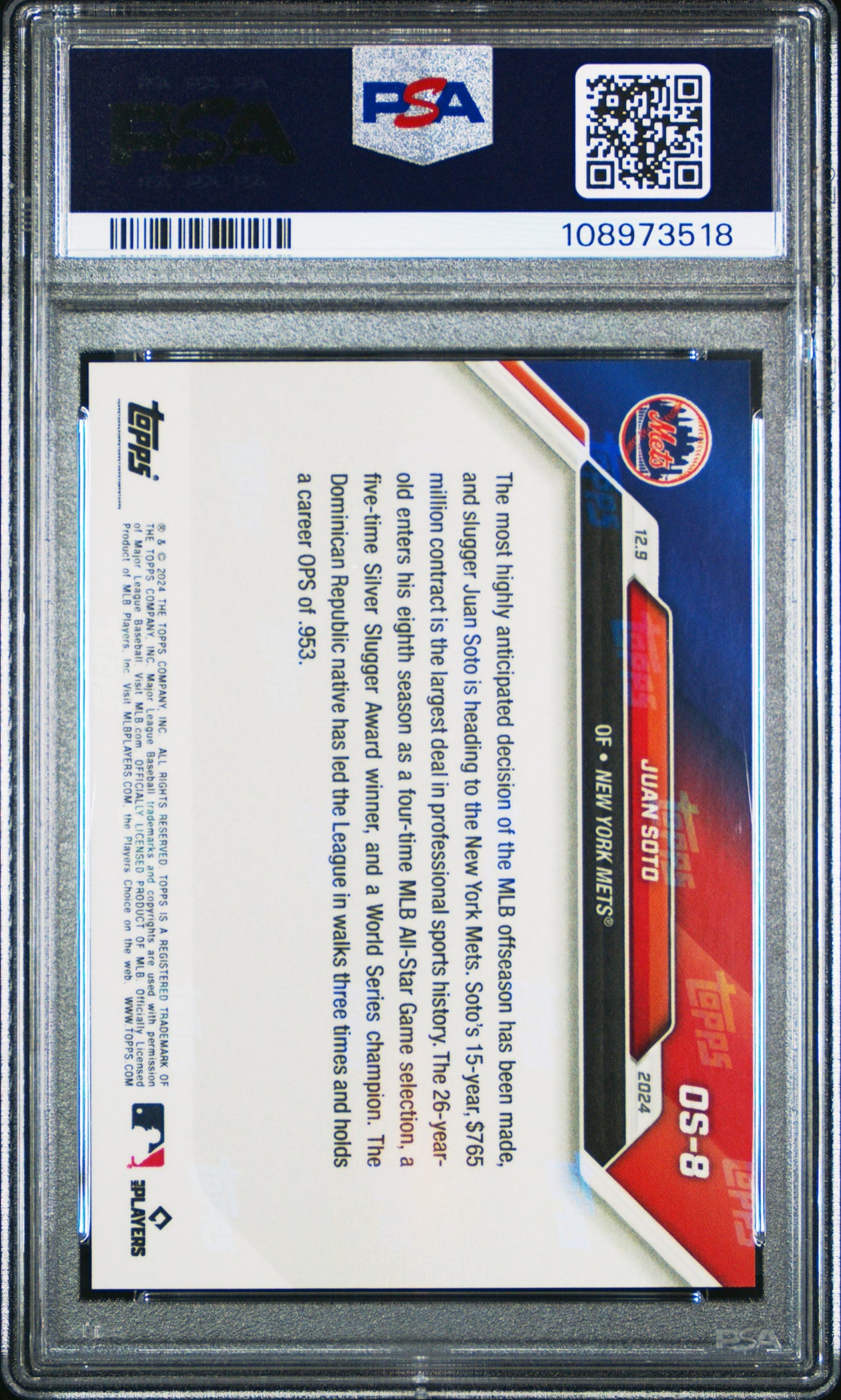 Tarjeta de béisbol de temporada baja de Juan Soto #OS8 de Topps Now, calificada en 2024, PSA 10 Gem Mint