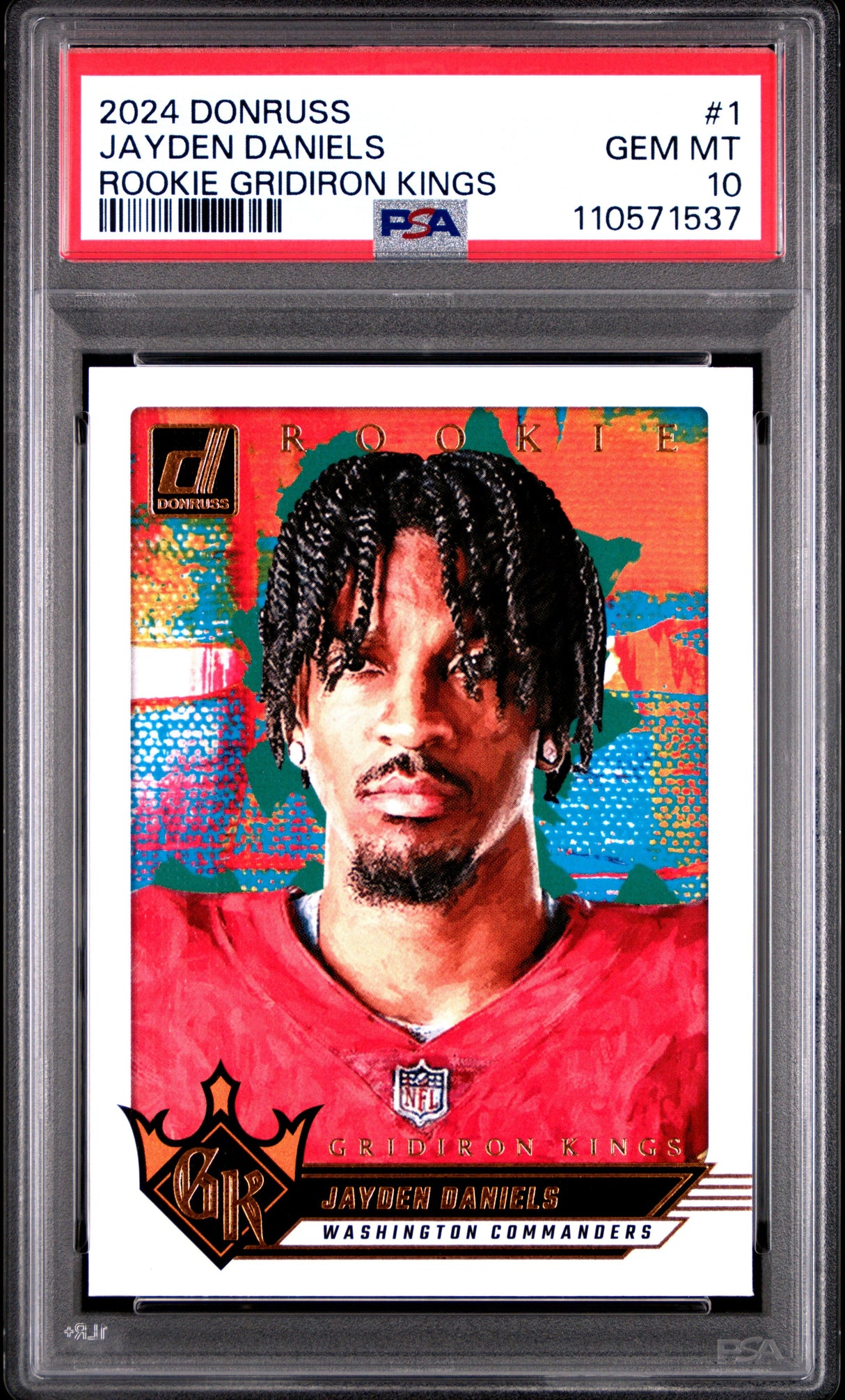 Tarjeta de fútbol RC de novato de Jayden Daniels #1 de Panini Donruss, calificada en 2024, de los Gridiron Kings, PSA 10 Gem Mint