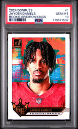 Tarjeta de fútbol RC de novato de Jayden Daniels #1 de Panini Donruss, calificada en 2024, de los Gridiron Kings, PSA 10 Gem Mint