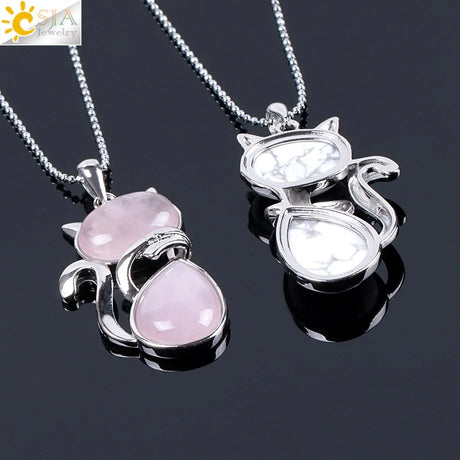 Cat Shape Natural Stone Necklaces With Beads Chain - Lootquake