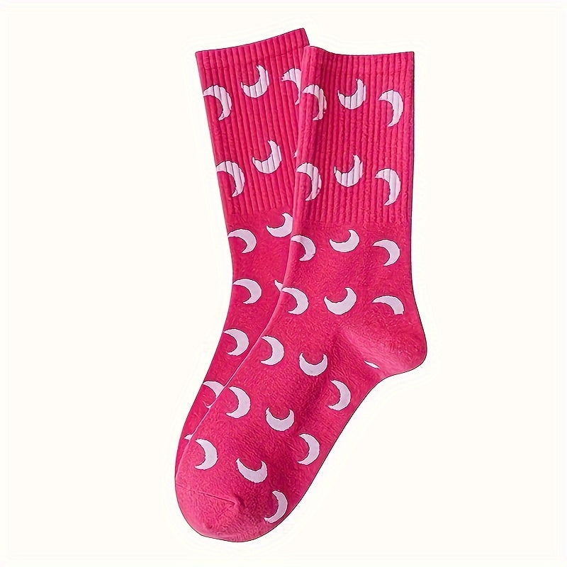 1 Pair Moon Pattern Trendy Y2K Hip Hop Socks, Casual Versatile Soft Comfortable Outdoor Sports Socks