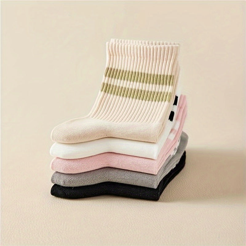 5 pares de calcetines con estampado de rayas, calcetines deportivos de tubo medio estilo universitario, medias y calcetería para mujer
