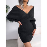 2025 Autumn-Winter Sexy Cross V-neck Bat Skirt With Hip Wrapping, Hairy Dress