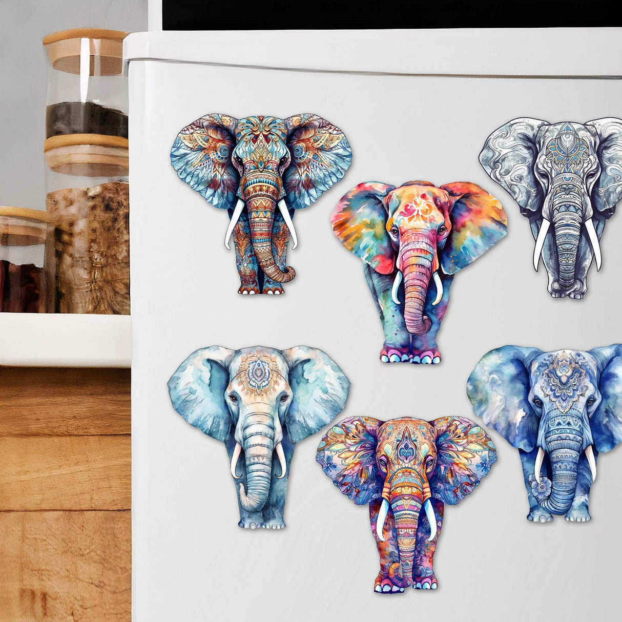 Elephants Decorative Wooden Magnets Set of 6 by G. Debrekht - Wildlife Decor - 8090036G-S6