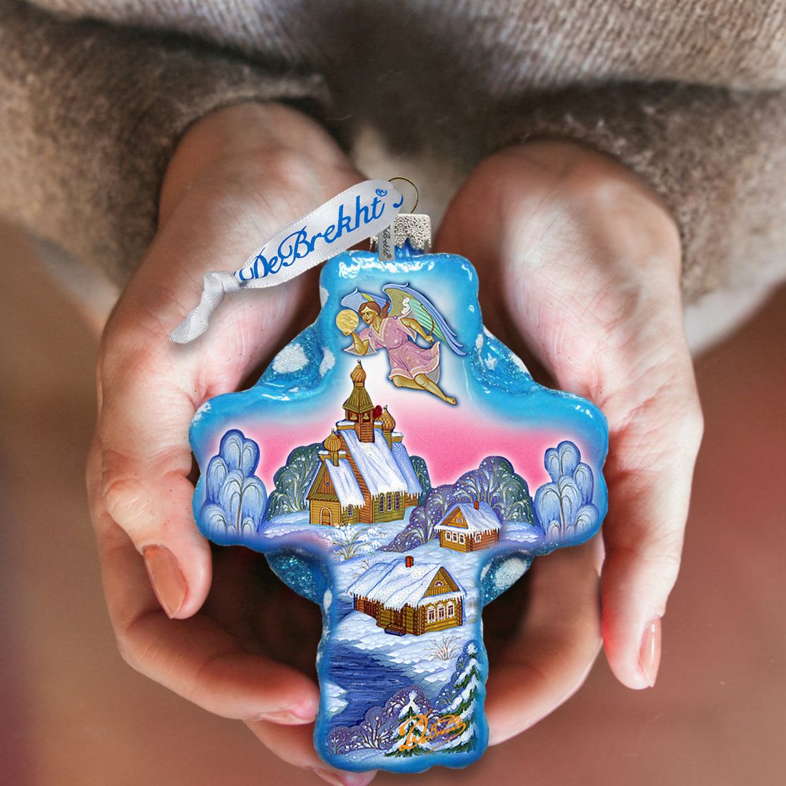 Angel Village Cross Glass Ornament by G. DeBrekht - Nativity Holiday Decor - 758-002