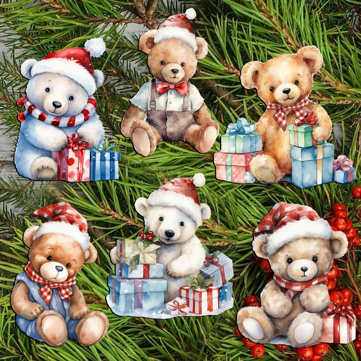 Christmas Teddy Bear Decorative Wooden Clip-on Ornaments of 6 by G. Debrekht - Christmas Decor - 8090011C-S6