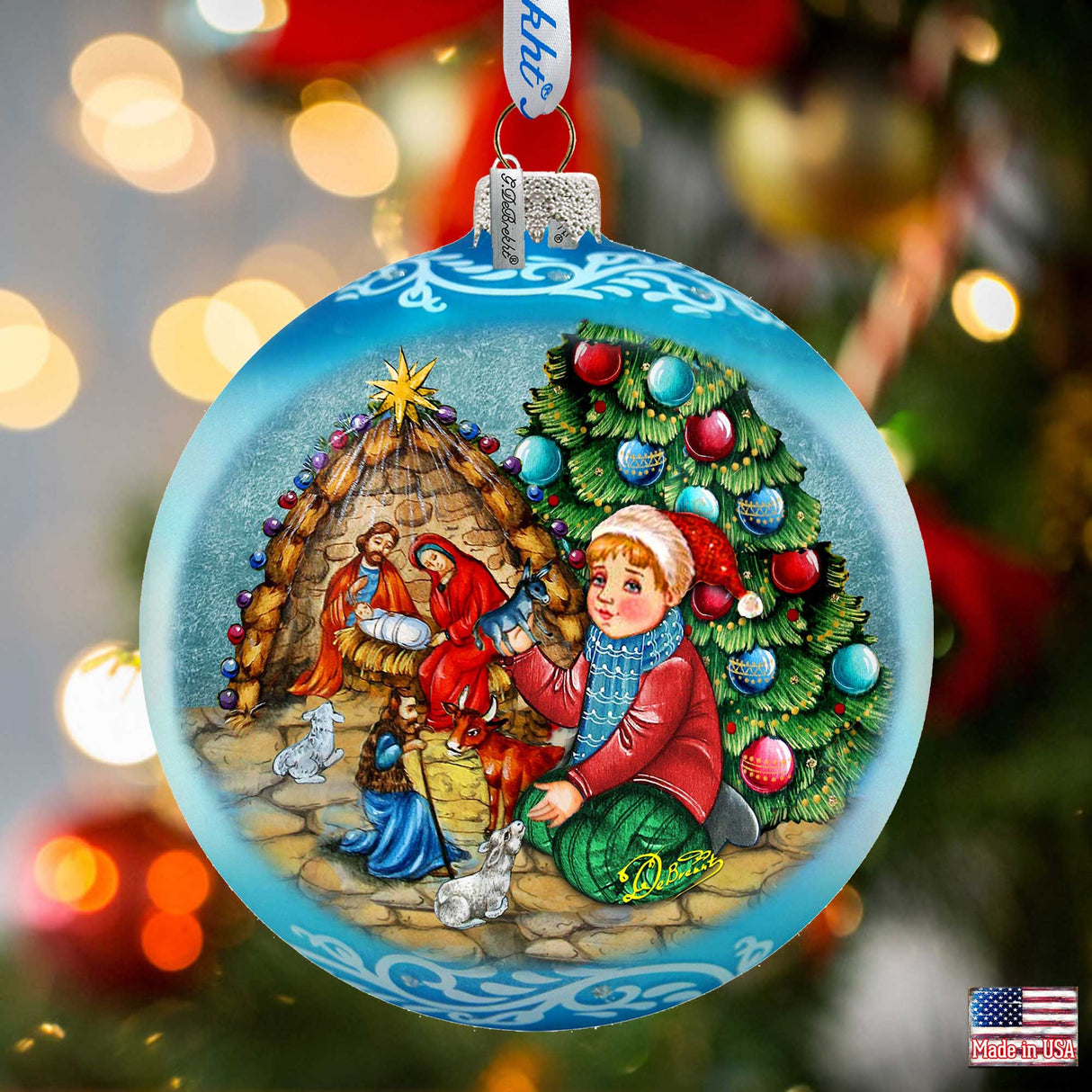 Adorno grande de cristal azul "Nacimiento junto al árbol de Navidad" de G.Debrekht - Decoración navideña - 73930B
