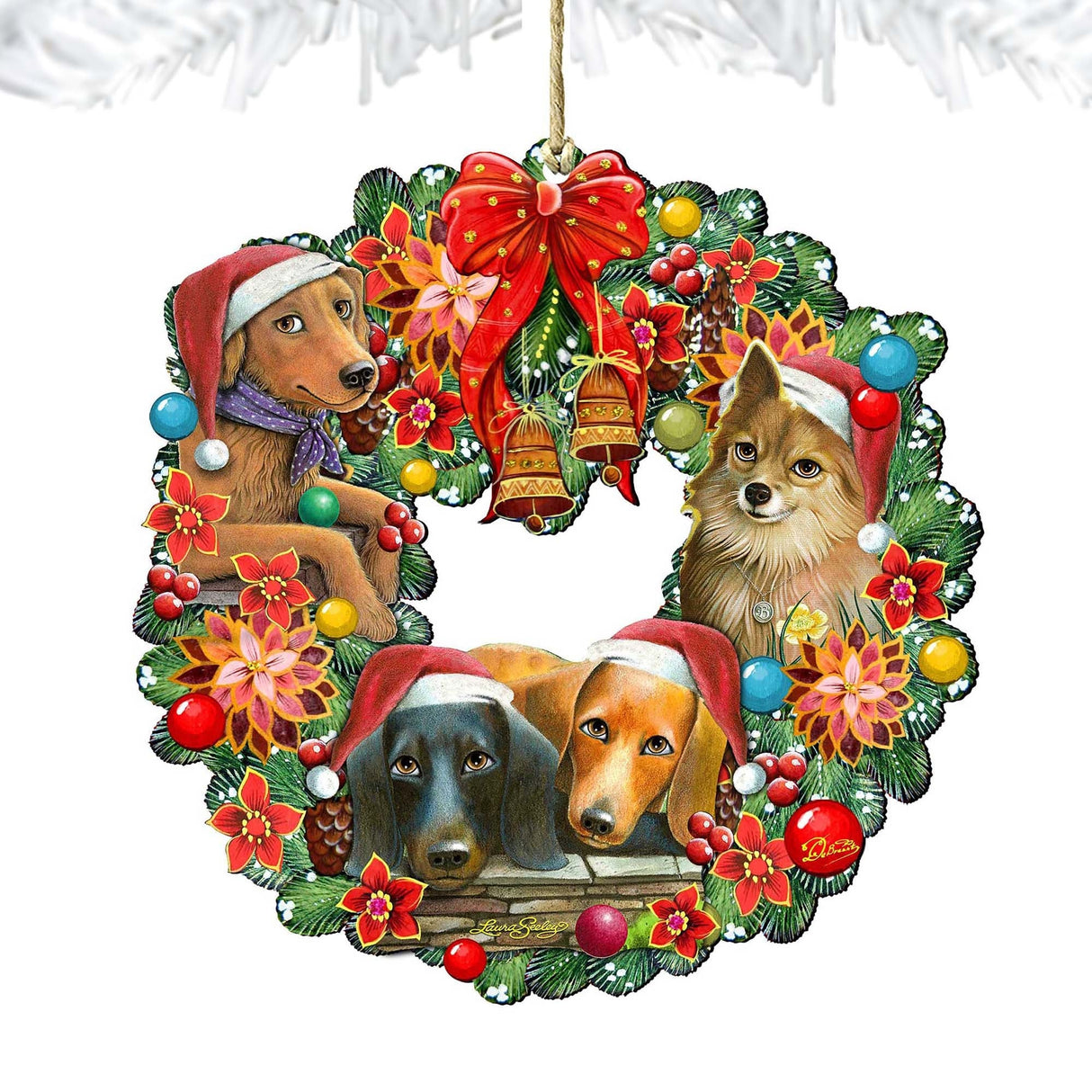 Christmas Friends Puppy Wreath Wooden Ornaments by G. DeBrekht - Pets Dog and Cats Decor - 8185307-6-SL