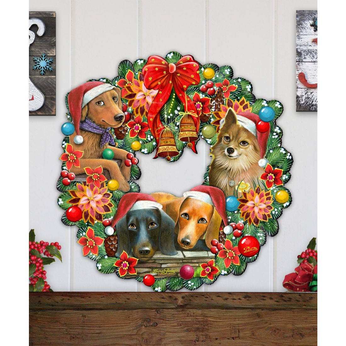 Christmas Friends Puppy Door Wreath by G. DeBrekht - Pets Dog and Cats Decor - 8185307-6H-SL